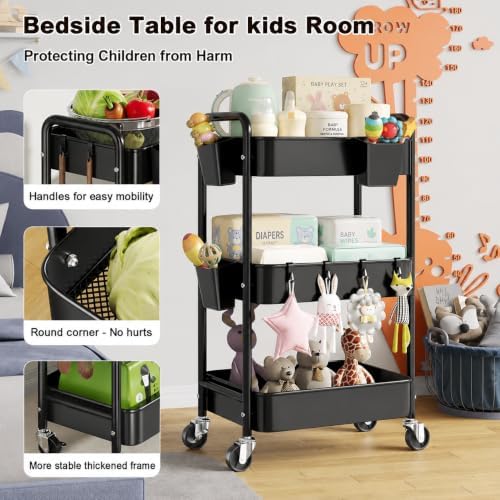 3 Tier Heavy Duty Metal Rolling Storage Cart Organizer with Wheels, Black - Image 6
