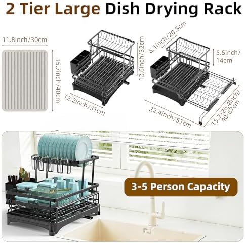 AULEEP 2-Tier Foldable Dish Drying Rack for Kitchen Counter Over the Sink - Image 3