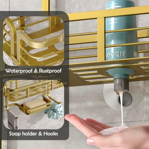 Shower Caddy Hanging, Never Rust Aluminum Shower Organizer, Over Showerhead No Drilling Shower Racks, with Soap Holder Multi Hooks Bathroom Storage for Shampoo Sponge (Gold) - Image 3