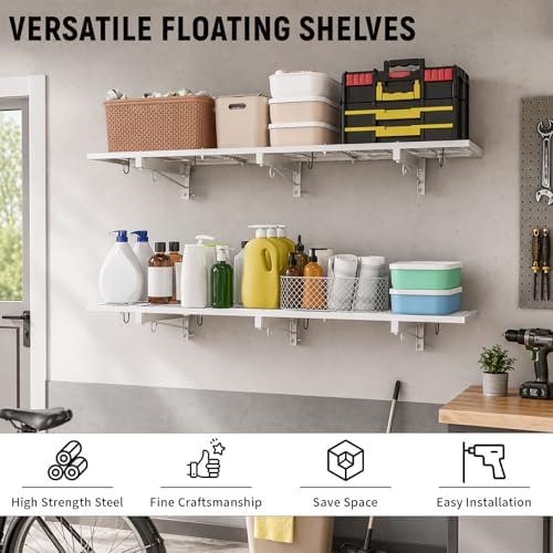2 Pack Garage Wall Shelving, 46" x 12.5" Heavy Duty Storage Racks, Garage Shelves Wall Mounted with 8 Hooks, 320 LBS Capacity Floating Metal Shelf Organizer for Laundry Room, Basement, Workshop - Image 3