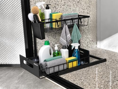 2-Tier Under Sink Organizer, Pull-Out Sliding Drawer, Heavy Duty Metal Storage Rack with Hooks, Hanging Basket & Adjustable Divider for Kitchen and Bathroom by Unknown