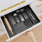 Bamboo Kitchen Silverware Drawer Organizer - Expandable Wood Utensil Holder with Dividers, Luxury Cutlery Storage Tray for Kitchen Utensil and Flatware (5-7 Slots with Removable Knife Block, Black) - Image 4