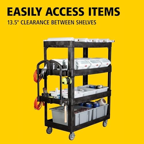 New Rubbermaid Commercial Products 4-Shelf Utility/Service Quad Cart, Heavy Duty Large, Lipped Shelf, Ergonomic Handle, 700 lbs. Capacity, for Warehouse/Garage/Cleaning/Manufacturing (2128657) Black - Image 3