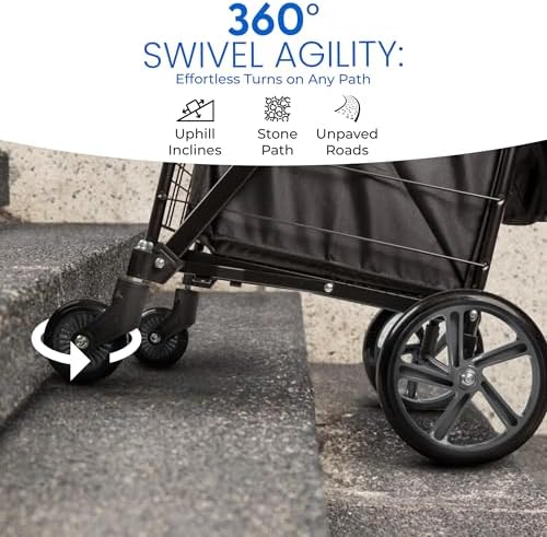 SereneLife Large Folding Utility Shopping Cart with Removable Liner – Heavy Duty, 360° Swivel Wheels, 110 lb Capacity, Portable for Groceries, Laundry, Luggage, and More (Black) - Image 5