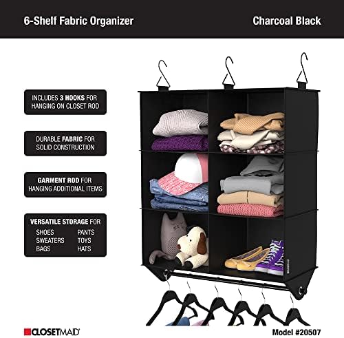 ClosetMaid 6-Shelf Fabric Hanging Closet Organizer with Garment Rod for Shirts, Sweaters, Pants, Hats, Shoes, Purses with Charcoal Black Finish - Image 4