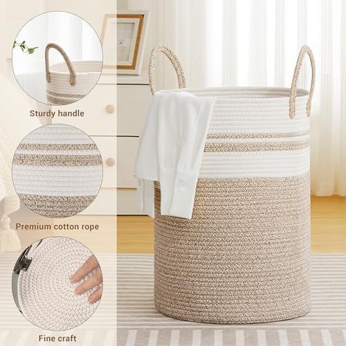 72L Large Tall Cotton Rope Laundry Basket with Handles, White & Brown - Image 3