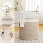 72L Large Tall Cotton Rope Laundry Basket with Handles, White & Brown - Image 3