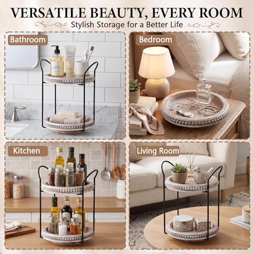 Qunclay 360 Rotating 2 Tier Wooden Tray Organizer Rustic Farmhouse Vanity Storage Large Capacity Round Organizer with Iron Frame for Cosmetics Perfume Skincare Kitchen Counter Bathroom Coffee Station - Image 5
