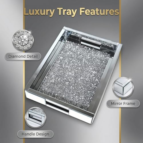 Large Vanity Tray for Perfume Organizer, 15x11 Inch Silver Mirror Tray with Handles, Crushed Diamond Tray for Bathroom Counter, Coffee Table Decor, Jewelry Display - Image 2