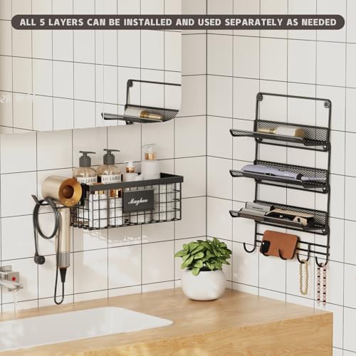 Magheo Hair Dryer Holder Wall Mounted, Adheisve Hair Tool Organizer for hair Brush/Appliance Wall Mount with 5 Tier Shelf Basket Hooks Blow Dryer and Straightener Holder for Bathroom(Black) - Image 4