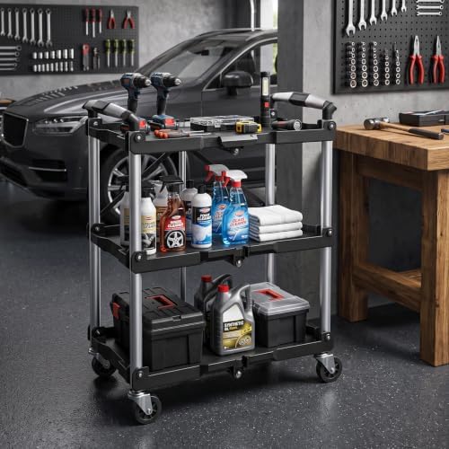3-Tier Folding Utility Cart, Heavy Duty Rolling Cart with Wheels - Image 4