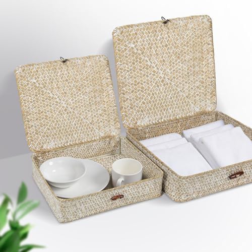 Set of 2 Flat Seagrass Storage Bins with Lid Wicker Storage Baskets for Organizing, Woven Shelf Organizer Bins Home Utility Organizer Box for Home & Office Supplies - Image 5