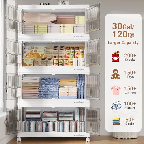 BROVIEW 120Gal Stackable Storage Bins with Lids Foldable Boxes,White,4Pack - Image 3