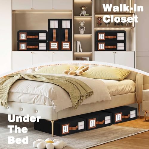 GhvyenntteS 12 Pack Bed Sheet Organizers and Storage, Sturdy Bed Sheet Organizer with Zipper and Handle, Foldable Linen Closet Organizers and Storage with Window and Label, Black - Image 2