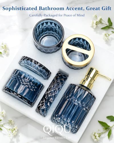 Blue Bathroom Accessories 5 Pcs, Glass Bathroom Accessory Set, Vintage Blue Bathroom Set, Soap Dispenser and Toothbrush Holder Set, Qtip Holder, Bathroom Sets Complete, Modern Bathroom Decor - Image 6