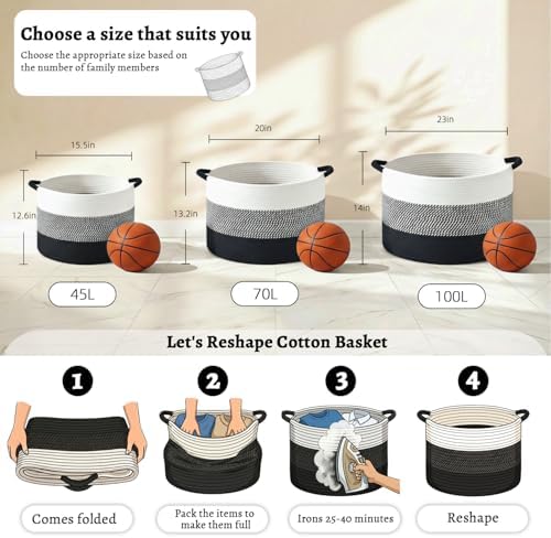 Artfeel 70L Large Cotton Rope Basket, Decorative Woven Blanket Storage for Living Room, Boho Toy Storage & Toy Box for Kids, Versatile Laundry Basket & Nursery Hamper for Blankets(Black) - Image 6