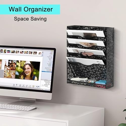 EasyPAG Desk File Organizer Heavy Duty Metal Wall Mount File Holder 5 Tier Mail Paper Folder Holder with Bottom Tray for Office Home Cubicle Countertop, Black - Image 6