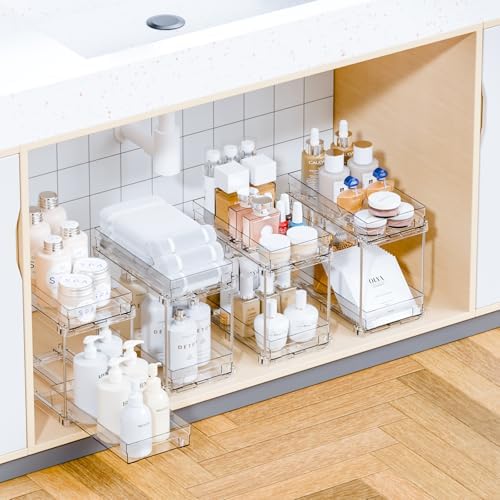 Yieach 4 Set Bathroom Organizers and Storage,2 Tier Clear Under Sink Organizer and Medicine Cabinet Organizer for Kitchen,Pantry Storage,Pull Out Drawers for Skincare,Pill Bottle,Spice Organization by Yieach