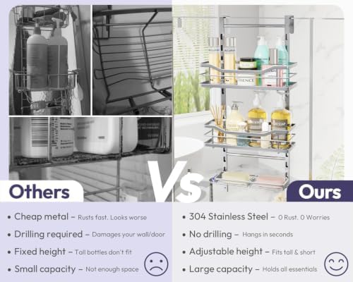 SWTYMIKI Over the Door Shower Caddy - 3 Tier Adjustable Shower Organizer Hanging with Soap Holder, No Drilling Stainless Steel Bathroom Rack Hanging for Body Wash, Shampoo, Soap, Razor, Silver - Image 3