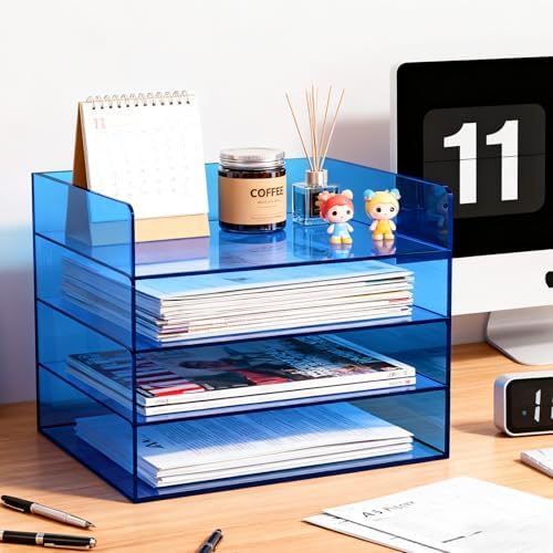Gelite Acrylic File Organizer for Desk 4 Tiered Stackable Letter Tray Office Paper Storage Desktop Document Sorter, Blue - Image 4