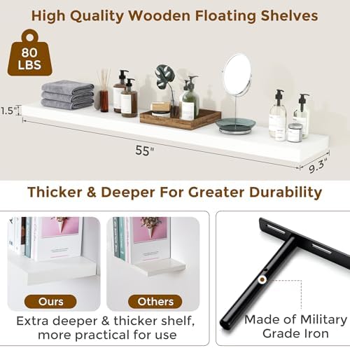 55 in Floating Shelves for Wall, 9.3in Deep White Shelves 2 Packs - Image 2