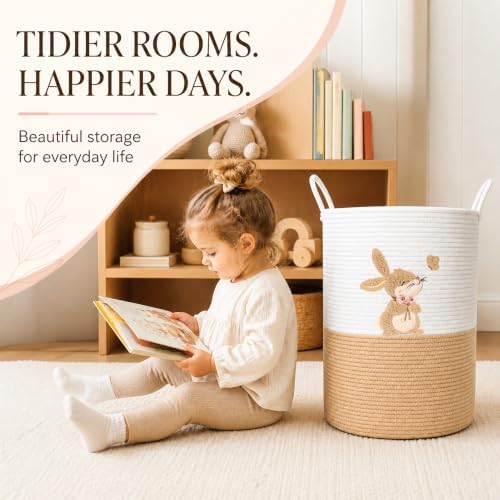 Bunny Baby Laundry Basket, Tall Woven Rope Nursery Hamper, 20x15 in - Image 4