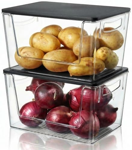 Heyuzb Pantry Organizers Storage, 2 Pack Large Clear Storage Bins with Bamboo Lids for Onion, Potato, Garlic, Canned Food, Organizer Bins for Under Sink, Kitchen, Countertop, Bathroom by HEYUZB