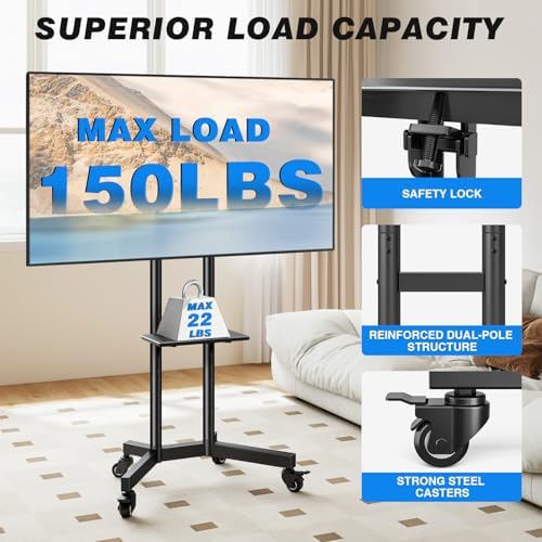 Portable Rolling TV Stand with Shelf for 32-85 in TVs up to 150 lbs - Image 2