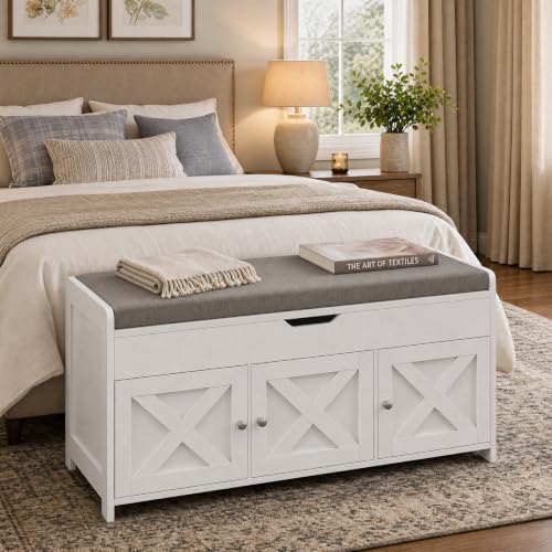 Marsail Shoe Storage Bench with Seating, Farmhouse Entryway Bench with Shoe Storage and Cushion, Under Window Benches Wooden Ottoman for Bedroom, Entry Way, Living Room, White - Image 7