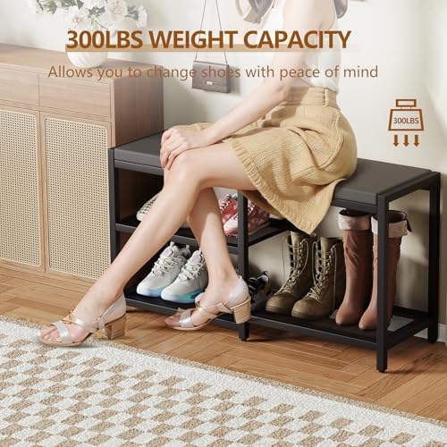 ZHOOGE Shoe Bench & Rack Storage Bench - Entryway Bench with Seat Cushion, Stable Organizer for Entryway & Living Room, Holds Up to 300 lb, (35" L x 12" W x 17" H, Black) - Image 3
