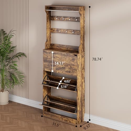 Brown Hidden Shoe Cabinet with 3 Flip Drawers & Coat Rack, Entryway - Image 2