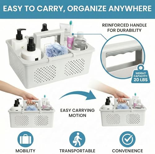 KMV Dorm Room Portable Shower Caddy with Adjustable Compartments - Ventilated Drainage Design with Handles, Perfect Toiletries Organizer for College Dorms-gray - Image 3