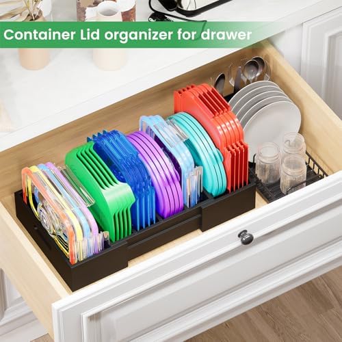 Kiasthome Expandable Bamboo Lid Organizers Inside Cabinet, Kitchen Cabinet Organizers with 3 Adjustable Dividers, Storage Plastic Lids, Food Container Lid Holder Organizer for Drawer Pantry, Black - Image 5