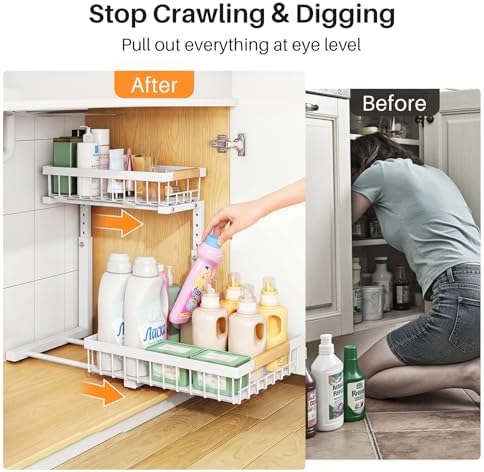 PXRACK Under Sink Organizer, Adjustable Height, 2 Tier Pull Out Under Cabinet Organizer, Slide Out Thickened Metal Under Sink Storage for Kitchen Bathroom Laundry Pantry Cabinet, White, Small-2-Pack - Image 4
