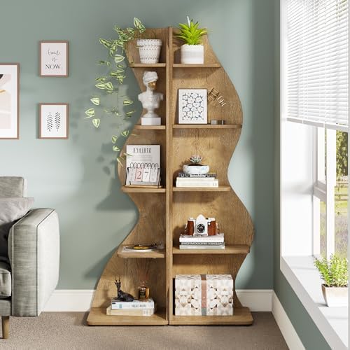 Tribesigns Corner Shelf, Modern 5-Tier Wall Corner Bookshelf, Stylish Corner Small Bookcase Storage Rack Plant Stand with Unique Shape for Living Room, Home Office (Light Brown, 2PCS) - Image 5