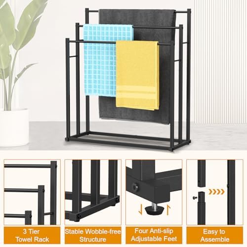 Honiter Towel Racks for Bathroom, 3 Tier Wide Towel Drying Rack Outdoor, Free Standing Towel Rack, Pool Towel Blanket Stand and Display Rack for Oversized Bath Towels, Black - Image 5