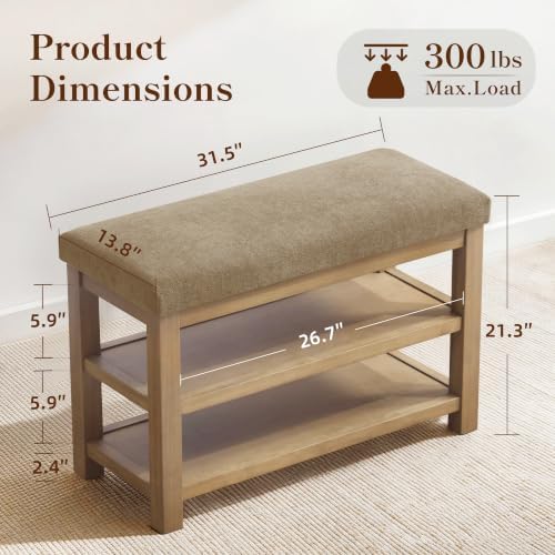 Zihanhome 2 Tier Shoe Rack Bench with Cushion, Solid Wood Shoe Benches, Mid-Century Modern Shoe Storage Bench for Entryway, Hallway, Living Room, Closet, Front Door Entrance, (Brown, 31.5") - Image 2