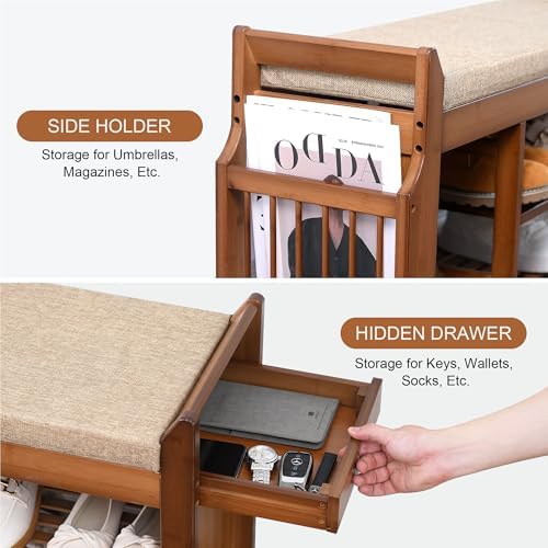 PETKABOO 31.5" Shoe Bench with Coat Rack Hidden Drawer and Side Holder, 2 Tier Entryway Bench with Storage, Bamboo Shoe Rack with Cushion for Entryway Hallway Living Room Bedroom - Image 3