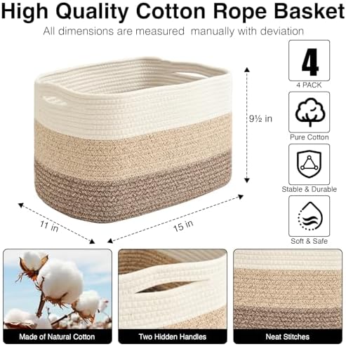ICERZCZ Storage Baskets for Organizing & Shelves, Woven Cotton Rope Organization Bins for Dog Toys, Clothes, Books, Nursery Organizer, 15"Lx11"Wx9.5"H, (4 Packs) Gradient Brown - Image 3