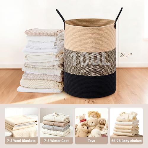 100L Extra Large Tall Cotton Rope Laundry Basket with Handle, Brown & Black - Image 2