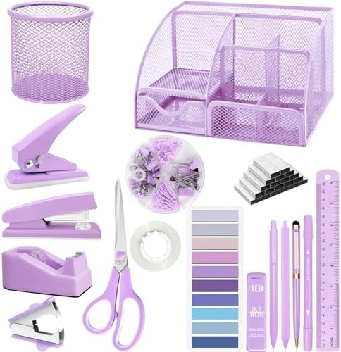 Purple Desk Accessories, 17Pcs Purple Office Supplies Set with Stapler, Mesh Desk Organizer, Tape Dispenser, Staple Remover, Pen Holder, Clips, Pens, Ruler, for Office Home School Women Students Gift by JIZHIYUAN