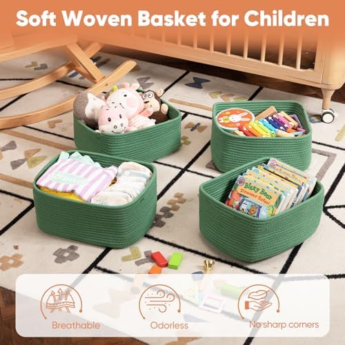 OIAHOMY 4 Pack 14.17 * 11.02 * 6.3IN Storage Baskets for Organizing Shelves, Woven Rope Baskets for Organizing Books, Clothes, Decorative Basket for Living Room, Nursery, Bedroom, Gift Basket, Green - Image 4