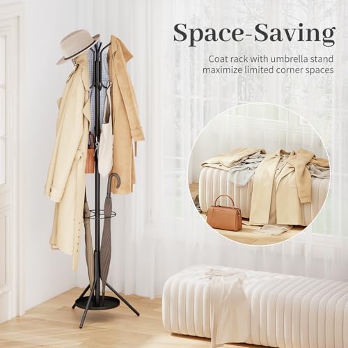 Kitsanery Coat Rack Freestanding,Metal Coat Tree with Umbrella Holder,Hat and Coat Rack Stand for Entryway, Hallway, Living Room, Bedroom (Black) - Image 2