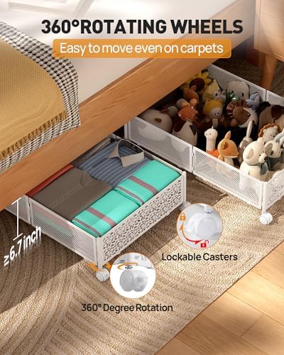 Under Bed Storage With Wheels, 4 Pack Foldable Pattern Carved Metal Under Bed Storage Containers, 60L Rolling Underbed Storage, Easy Assembly Under The Bed Storage for Shoes, Blankets... - Image 2