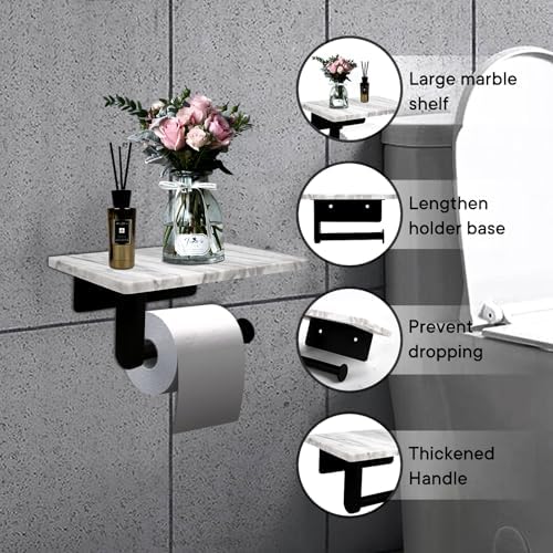 Toilet Paper Holder with Natural Marble Shelf for Bathroom Washroom,Wall Mounted Tissue Holder Suitable for Mega Rol(Middle 7.87 * 4.72 in, Matte Black) - Image 3