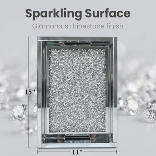 Large Vanity Tray for Perfume Organizer, 15x11 Inch Silver Mirror Tray with Handles, Crushed Diamond Tray for Bathroom Counter, Coffee Table Decor, Jewelry Display - Image 4