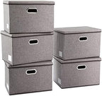 PRANDOM Large Collapsible Storage Containers with Lids [5-Pack] Linen Fabric Foldable Storage Bins Boxes Organizer Baskets Cube with Cover for Home Bedroom Closet Office Nursery (17.7x11.8x11.8) by Prandom