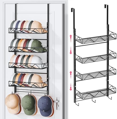 SWTYMIKI Over Door Hat Organizer - 5 Tier Wall Mounted Hat Rack with 4 Adjustable Metal Basket and 3 Hooks, Hanging Baseball Cap Organizer Storage Holds up to 49 Caps for Door, Bedroom, Closet by SwtyMiki-TidyHomeSweetLife