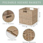 10.5 x 10.5in Cube Seagrass Storage Baskets, Foldable Square Wicker Storage Baskets for Shelves Set of 3, Large Cubby Rattan Basket, Collapsible Cube Storage Bins - Image 3