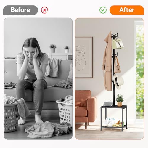 Hall Tree with Bench and Shoe Storage, Coat Rack Freestanding Coat Rack Shoe Bench, Corner Coat Hanger Stand Standing Hat Rack, Tree Stand Purse Rack Tree Black Coat Racks with Shelf - Image 5
